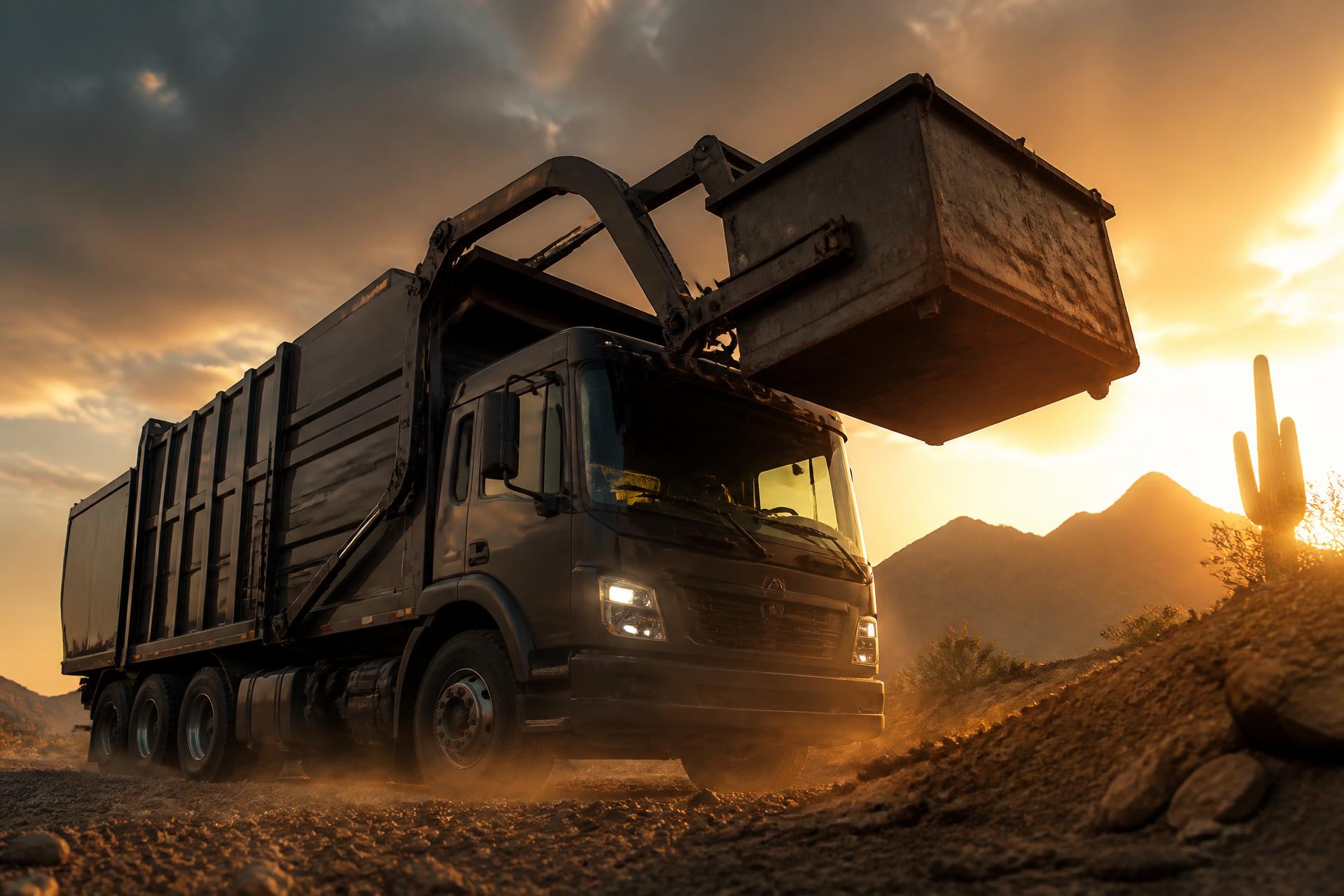 Western Waste Haulers front-load truck lifting a commercial dumpster at sunset in the Sonoran desert